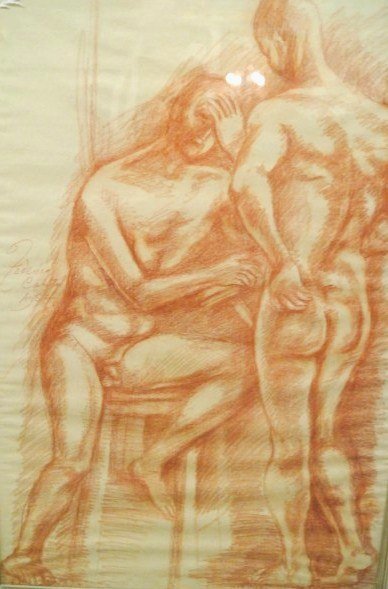 Federico Cantu (1908-1989) Red Chalk Study: Red chalk drawing, study for the painting "Dialogo", by Federico Cantu (1908-1989). Signed and dated 1954. Picture measures approximately 29 1/4 x 18 1/2 inches. Very good condition. Framed.Lot Note: