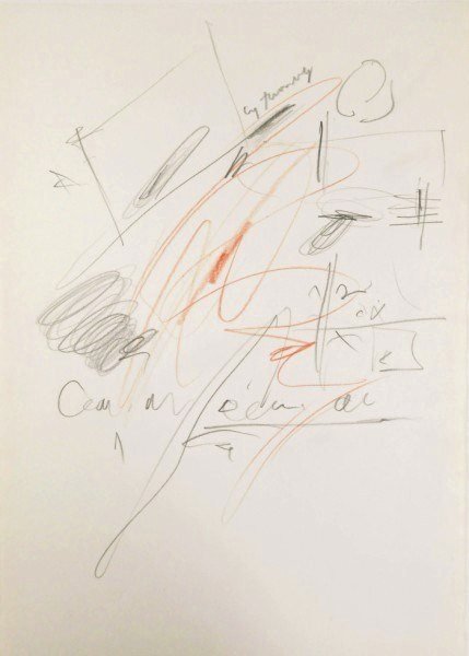 Cy Twombly (1928-2011) Pencil Drawing: Original pencil and red colored pencil drawing, untitled composition, executed on fine Italian wove paper, attributed to/in the manner of Cy Twombly (1928-2011). Signed upper middle. 11 1/2 x 8 1/4 in