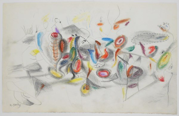 Arshile Gorky (1904-1948) Pencil & Colored Pencil: Graphite with crayon (or colored pencil) on wove paper, abstract composition (untitled), attributed to/in the manner or style of Arshile Gorky (1904-1948). Signed in pencil, lower left. 7 5/8 x 12 inc