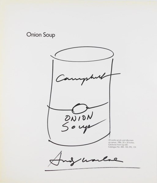 Andy Warhol (1928-1987) Campbell's Onion Soup: Black felt-tip pen on printed page, Campbell's Onion Soup, attributed to/in the manner or style of Andy Warhol (1928-1987). Signed. 11 x 9 1/2 inches. Excellent condition. Unframed. Provenance: It is