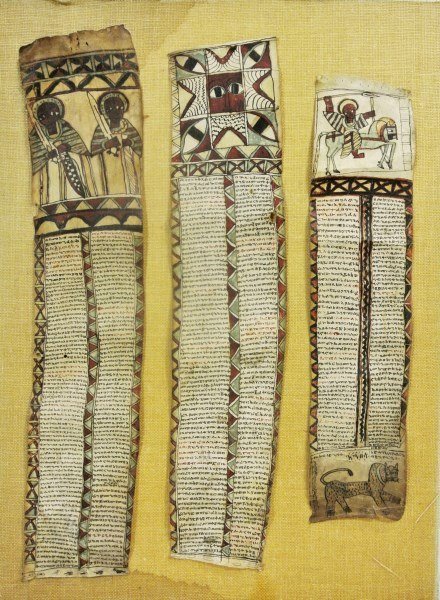 19th Century Ethiopian Paintings On Vellum: Group of three Ethiopian paintings on vellum, probably 19th century or earlier. Largest measures 31 x 6 inches. Good condition overall. Unframed.