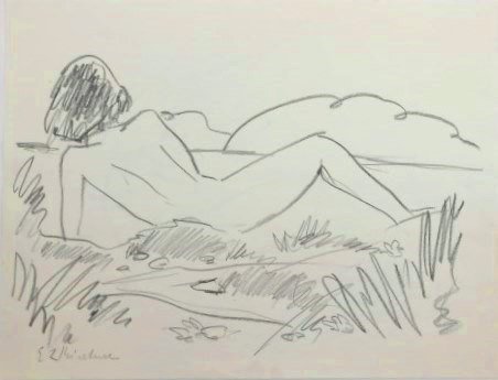 Ernst Ludwig Kirchner (1880-1938) Pencil Drawing: Graphite on wove drawing paper, double-sided drawing, (recto) reclining nude in grassy landscape, (verso) reclining nude, in the manner of Ernst Ludwig Kirchner (1880-1938). Signed. 8 7/8 x 11 5/8 inc