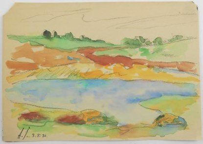 Alexej Von Jawlensky (1902-1984) Watercolor: Watercolor and pencil on paper, rural landscape with lake, attributed to/in the manner of Alexej von Jawlensky (1902-1984). Signed with the initials and dated. 6 x 8 3/8 inches. Small losses to upper 