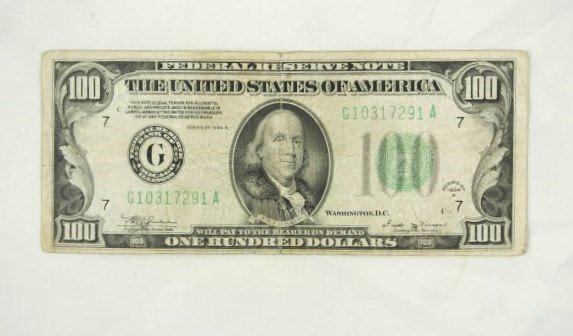 Scarce 1934 U.S. $100 Federal Reserve Note: 1934 series G $100 Federal Reserve Note. Scarce Fred Vinson (United States Secretary of the Treasury) signature.