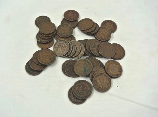 50 U.S. Indian Head Pennies: Group of 50 circulated U.S. Indian Head pennies, various dates and conditions.