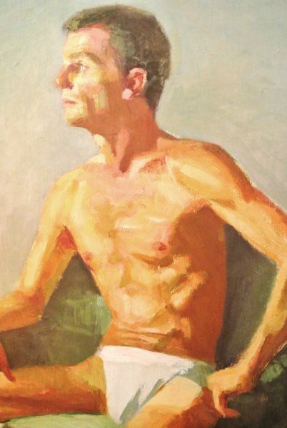 Len Everett (1925-1984) Oil Painting, Seated Male: Portrait study of a seated male by Len G. Everett (1925-1984). 18 x 14 inches. Unsigned but certified by the artist's estate (label attached to reverse) in 1988. Very good condition.