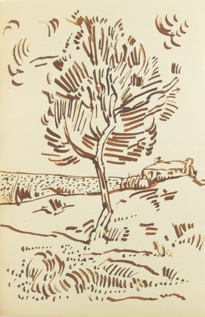 Vincent Van Gogh (1853-1890) Brown Ink Drawing: Pen and brown ink on laid drawing paper, landscape with tree, attributed to/in the manner or style of Vincent van Gogh (1853-1890). Unsigned but notated on the reverse, "Dessin de van Gogh 1882." 5 1/