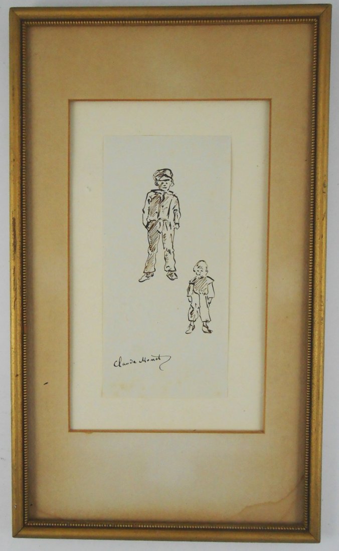 Claude Monet (1840-1926) Pen & Ink: Pen and dark brown ink on watermarked drawing paper, figure studies, attributed to/in the manner of Claude Monet (1840-1926). Signed. 6 3/4 x 3 1/4 inches. Very good condition. Unframed.Provenance: Pr