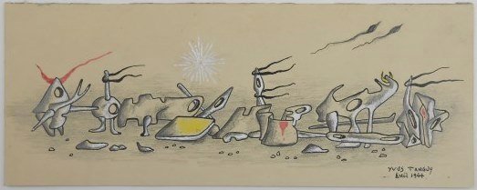 Yves Tanguy (1900-1955) Mixed Media Abstract: Mixed media (pencil, ink, and gouache) on toned heavy cardstock, fantasy landscape, attributed to/in the manner of Yves Tanguy (1900-1955). Signed and dated 1944. 3 3/8 x 8 1/2 inches. Very good condi