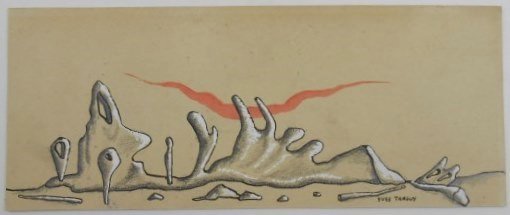 Yves Tanguy (1900-1955) Mixed Media Abstract: Mixed media (pencil, ink, watercolor, and white gouache) on toned heavy cardstock, fantasy landscape, attributed to/in the manner of Yves Tanguy (1900-1955). Signed. 3 1/4 x 8 1/8 inches. Very good co