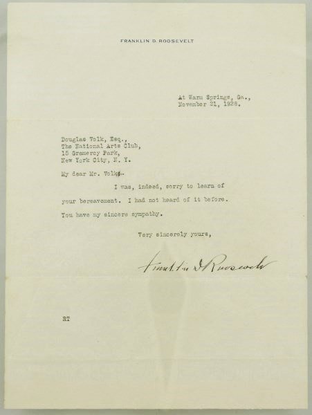 1928 Franklin Roosevelt Letter: Signed typed letter on FDR's personal stationary, dated November 21, 1928. Sympathy letter to Douglas Volk. 9 3/4 inches x 7 1/4 inches. Framed.