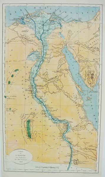 1840 Map Of Egypt: Color map of Egypt ("Carte de L'Egypte avec l'indication des Villes Anciennes"), printed in France, 1840. 15 3/4 x 8 7/8 inches. Very good condition (with folds, as published). Unframed.