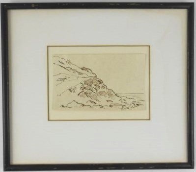 Claude Monet (1840-1926) Pen & Ink: Pen and brown ink on laid drawing paper, seashore with rocky outcropping, in the manner or style of Claude Monet (1840-1926). Signed, lower right. 3 1/2 x 5 3/4 inches. Some areas of toning, otherwise