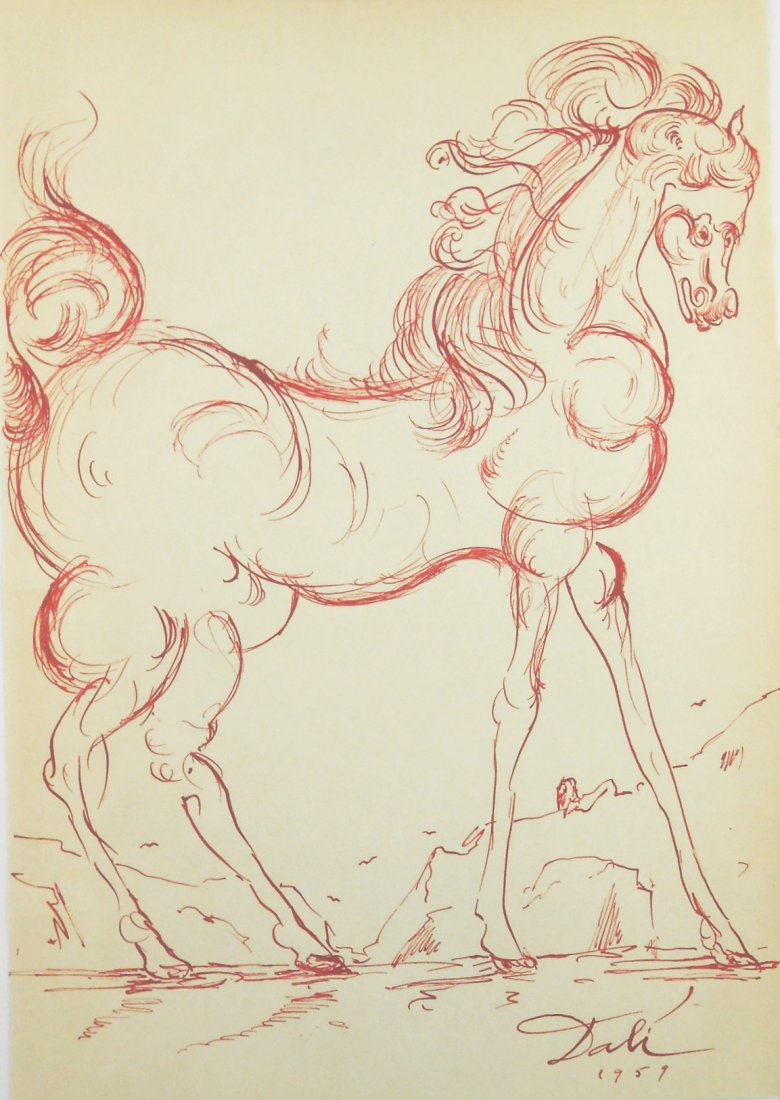 Salvador Dali (1904-1989) Pen & Red Ink: Pen and red ink on wove paper, standing horse, attributed to/in the manner of Salvador Dali (1904-1989). Signed and dated 1959. 12 x 8 3/8 inches. Some areas of toning (particularly to the reverse, pr