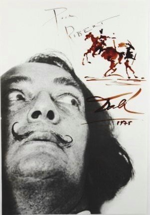 Salvador Dali (1904-1989) Brush & Ink: Brush and brown ink on printed page with photograph of Dali, horse and figures, attributed to/in the manner of Salvador Dali (1904-1989). Signed, dedicated, and dated 1978. 11 1/2 x 8 inches. Very goo