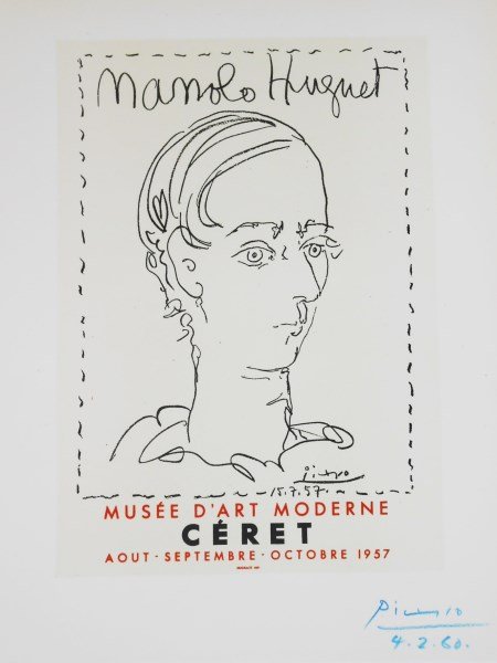 Pablo Picasso (1881-1973) Signed Lithograph: Offset color lithograph, "Manolo Huguet," by Pablo Picasso (1881-1973). A later edition after the orginal printed in 1957. Signed. 12 x 9 1/2 inches. Excellent condition. Unframed. Lot Note: This prin