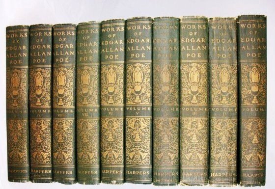 Edgar Allan Poe, 10 Volumes: "The Works of Edgar Allan Poe" (Complete Collected Writings), Ten-Volume Set. Published by Harper and Brothers, New York, circa 1910-1920. Hard cover edition. Very good set, nicely illustrated. Gilt l