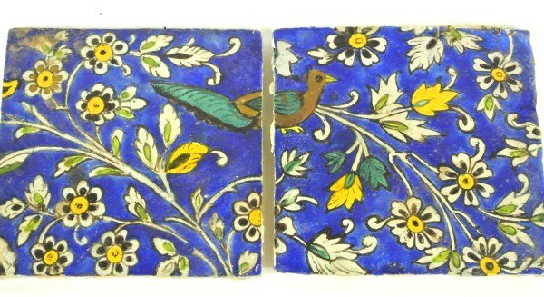Persian Or Turkish Tiles, Circa 18th Century Or Earlier: Group of four Persian (possibly Turkish) tiles, 18th century or earlier, decorated in brilliant blue, yellow and green with stylized birds and scrolling foliage with flowers. 9 3/4 x 9 3/4 inches.
