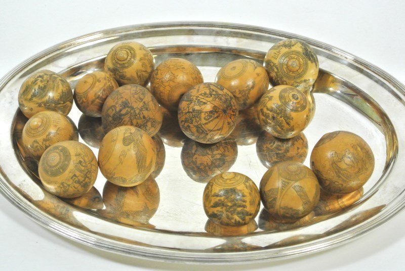 Chinese Gourds With Scrimshaw, Circa 1900: Group of 15 Chinese dried gourds with scrimshaw figural and landscape designs, some having inscriptions, some signed. Circa late 19th/early 20th century. (Silver tray not included with lot.)