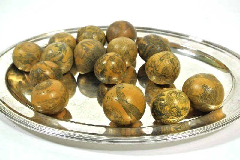 Chinese Gourds With Scrimshaw, Circa 1900: Group of 15 Chinese dried gourds with scrimshaw figural and landscape designs, some having inscriptions, some signed. Circa late 19th/early 20th century. (Silver tray not included with lot.)