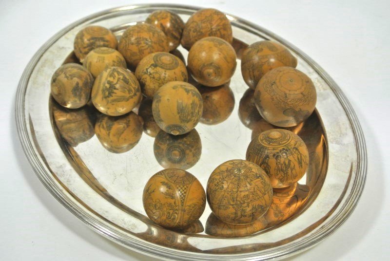 Chinese Gourds With Scrimshaw, Circa 1900: Group of 15 Chinese dried gourds with scrimshaw figural and landscape designs, some having inscriptions, some signed. Circa late 19th/early 20th century. (Silver tray not included with lot.)