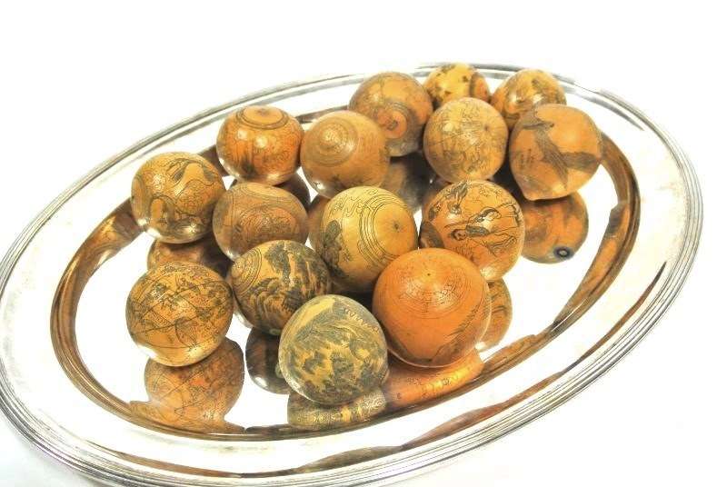 Chinese Gourds With Scrimshaw, Circa 1900: Group of 15 Chinese dried gourds with scrimshaw figural and landscape designs, some having inscriptions, some signed. Circa late 19th/early 20th century. (Silver tray not included with lot.)