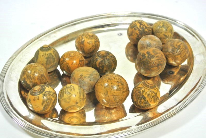 Chinese Gourds With Scrimshaw, Circa 1900: Group of 15 Chinese dried gourds with scrimshaw figural and landscape designs, some having inscriptions, some signed. Circa late 19th/early 20th century. (Silver tray not included with lot.)