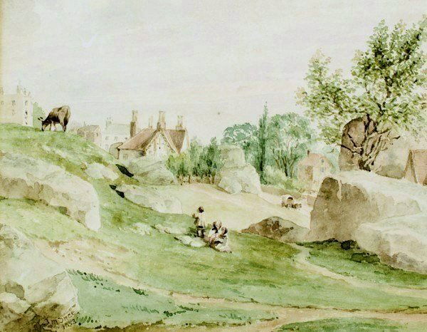 Joseph Murray Ince (1806-1859) Watercolor: English landscape with animals and figures by Joseph Murray Ince (1806-1859). Signed and dated 1853. 6 3/4 x 9 inches. Excellent condition.