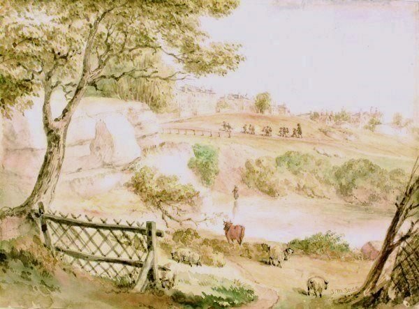 Joseph Murray Ince (1806-1859) Watercolor: Watercolor, English countryside landscape with animals, figures and a village in the distance, by Joseph Murray Ince. Signed. Circa 1853. 9 x 12 1/4 inches. Very good condition.