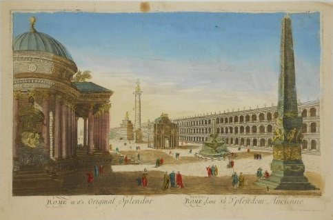 18th Century French Hand-Colored Engraving: Hand-watercolored engraving, "Rome in it's Original Splendor," French, circa late 18th century. Image size: 10 1/2 x 16 1/2 inches. Unframed.