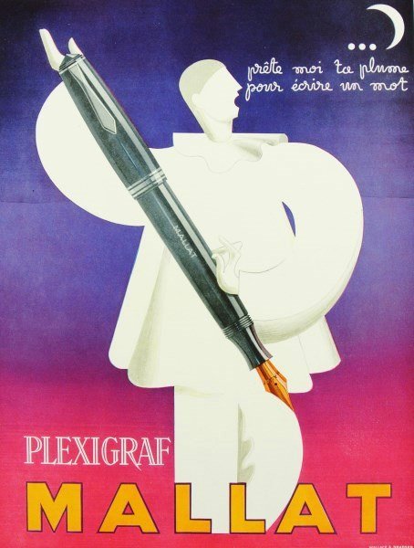 Original Color Advertisement, French, C. 1945-50: Full color vintage advertisement for Plexigraf Mallat, French, circa late 1940's. 14 1/8 x 9 7/8 inches. Excellent condition. Unframed.
