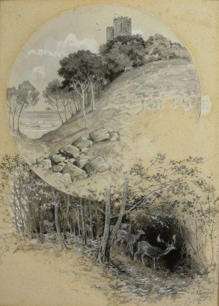 Aime Barraud (1902-1954) Watercolor & Gouache: Original watercolor with pencil and gouache highlights, pastoral landscape with castle and deer, by Aime Aurele Barraud (Swiss,1902-1954). Signed lower right. 10 1/2 x 8 inches. Very good condition. U