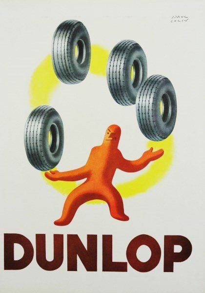 Original Color Advertisement, French, C. 1945-50: Full color vintage advertisement for Dunlop, French, circa late 1940's. 14 7/8 x 10 1/4 inches. Excellent condition. Unframed.