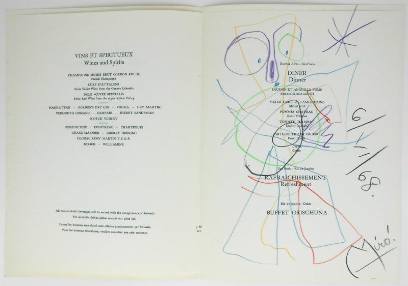 Joan Miro (1893-1983) Menu Sketch: Joan Miro (attributed) Swissair menu with colored pencil sketch. Signed and dated, 1968. Menu measures 10 x 7 1/4 inches. Excellent condition except for some slight staining or foxing to front cover. 