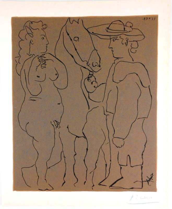 Pablo Picasso (1881-1973) Linoleum Cut: Picador, Woman and Horse. September 25, 1959 (black, brown). Facsimile color linoleum cut, Abrams edition, 1962, after the original by Pablo Picasso (1881-1973), created under the direction of the art