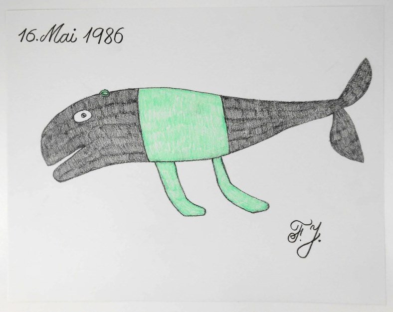 Johann Fischer Colored Pencil Drawing: Pencil and colored pencil drawing of a whale, by/attributed to Johann Fischer (1919-2008). Signed with the artist's initials and dated 1986. 10 ¾ x 13 ¾ inches. Excellent condition. Unframed for shi