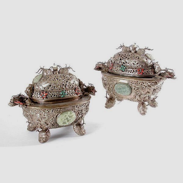 Fine Pair Of Silver-Clad Chinese Incense Vessels (1 of 8)
