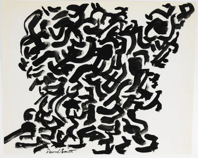 David Smith (1906-1965) Brush & Ink Abstract: Brush & ink drawing attributed to David Smith (1906-1965). Untitled abstract composition. Signed lower middle but not dated. Very good condition. Unframed for shipping. 9 3/4 x 12 1/8 inches.Attribute