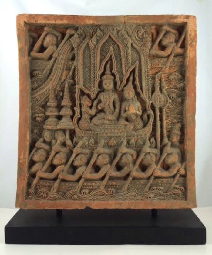 Indian Terra Cotta Stele, 18th Century: Indian terra cotta stele, enthroned Buddha with devotees, India, circa late 18th/early 19th century (or earlier). Museum mounted, no sign of restoration visible. 15 1/2 x 14 inches. Dimensions with ba