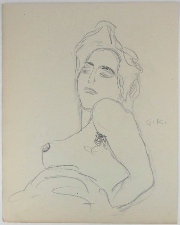 Gustav Klimt (1862-1918) Pencil Drawing: Pencil drawing on wove paper, partial nude, attributed to/in the manner of* Gustav Klimt (1862-1918). Signed with initials. 11 1/8 x 9 inches. Very good condition, with no apparent damage or repairs. 