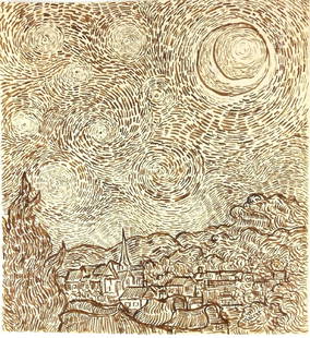 Vincent Van Gogh (1853-1890) Pen & Ink Study: Pen and brown ink drawing on laid paper, study for The Starry Night, attributed* to/in the manner of Vincent van Gogh (1853-1890). Signed. Very good condition, having no apparent damage or repairs.