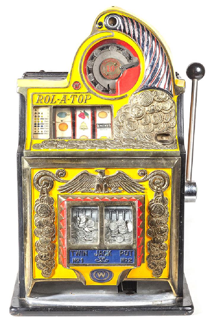 Watling Rol-A-Top Twin Jackpot Slot Machine: Original working condition. Cabinet shows minumal wear. High 9 out of 10 pays and plays correctly. Circa 1935 Includes key. 17w x 15d x 27h.