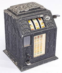 Cent-A-Pack Slot Machine: Metal case with deco design, working condition. 9 1/2w x 9 1/4d x 11 3/4h.