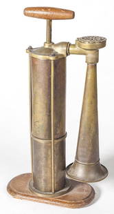 Tyfon Fog Horn: Circa 1900, brass moveable horn. Sweden. Manufacturer's marks to horn. Original finish, works great. Horn- 16 inches long, overall height 22inches.