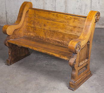 Oak Church Pew: Small oak church pew with scrolled arms and panel sides. Great size 51w x 24d x 36 1/4h