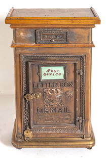 Cutler MFG. American US Mail Chute: Circa 1930's manufacturers label. Bronze, brass, and oak 15 3/4w x 12d x 62 1/1h