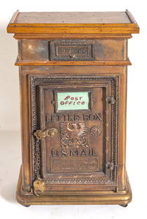 Cutler MFG. American US Mail Chute: Circa 1930's manufacturers label. Bronze, brass, and oak 15 3/4w x 12d x 62 1/1h