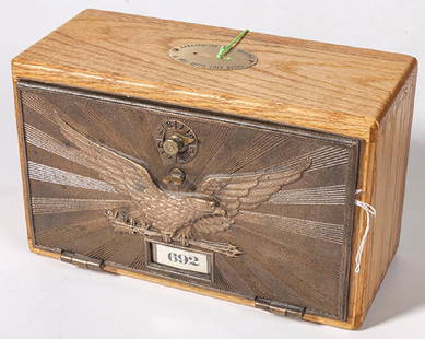 Postal Service Box # 692: 1970's oak case with 1903 cast bronze flying eagle "official" mail box door. Combination on underside Box 11 3/4w x 5 3/4d x 7h Door size 10 3/4w x 6 1/4