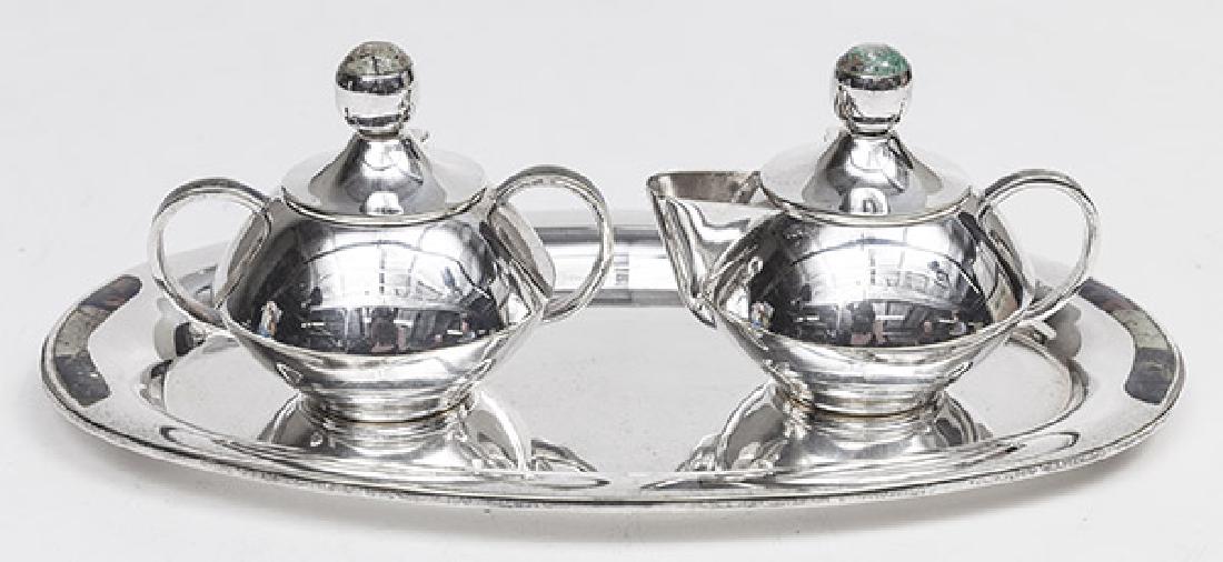 Los Castillos Three Piece Service: Three piece set, silverplated and stones (agate and Lapis) Manufacturer's mark to underside and numbered 1001. Made in Mexico 11w x 6 1/2d x 3 3/4h
