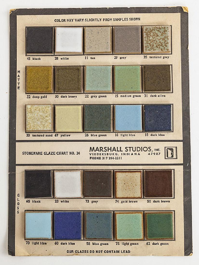 Rare Gordon and Jane Martz Chart No. 34: Stoneware Glaze chart No. 34, Marshall Studios, Original studio information. Twenty five examples shown. 8w x 11h